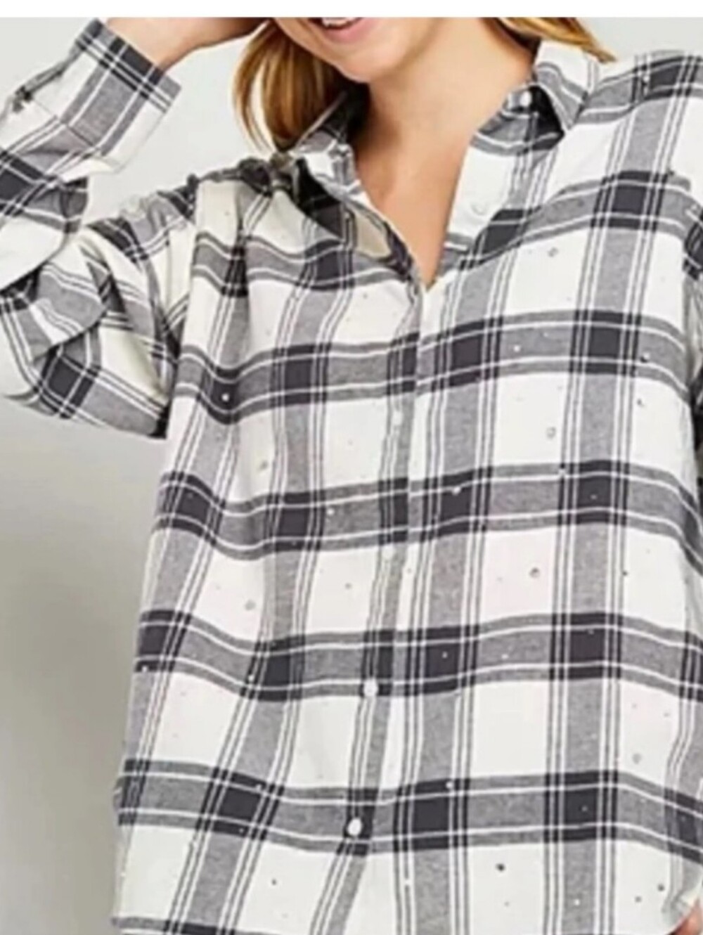 a.n.a Plus Size Flannel Buttondown Top In Blk/White Combo Size 2X